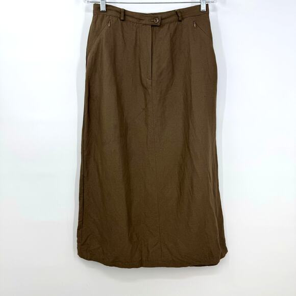VTG Barry Bricken Mark Shale Linen Midi Skirt 14 M Brown Western Boho Lagenlook - Picture 1 of 8